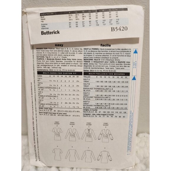 Butterick B5420 Sewing Pattern UNCUT Sizes 8–14 | Women’s Tunic Top - Picture 4 of 10